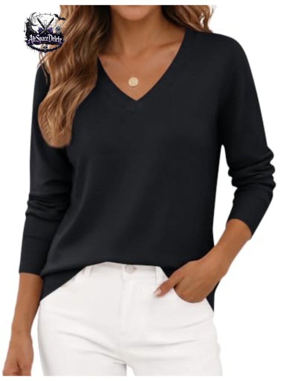 V Neck Long Sleeve Pullover Sweater Lightweight Knit Top for Layering